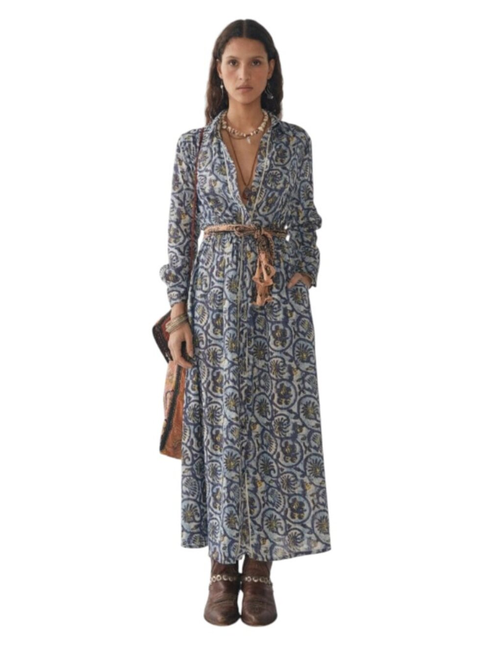Maison Hotel Roberta Shirt Dress Womens Small Blue Cotton Long Sleeve Midi Print